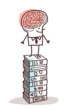 man with big brain on stack of books