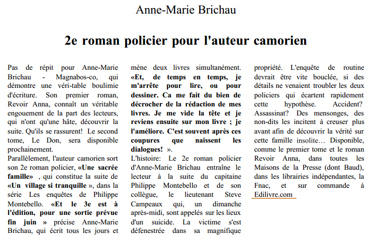 article_Anne Marie Brichau_La Gazette du Centre Morbihan_Edilivre