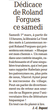 article_Roland Forgues_La Dépêche_Edilivre