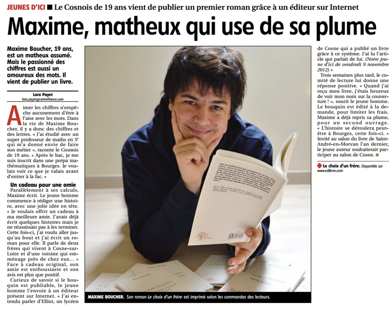 article_Le Journal du Centre_Maxime Boucher_Edilivre
