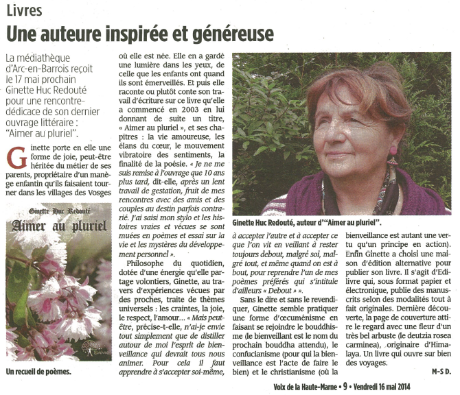 Article_Voix de la Haute-Marne_Ginette Huc Redouté_Edilivre