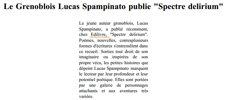article_Le_Dauphiné_Libéré_Lucas_Spampinato_2014_Edilivre