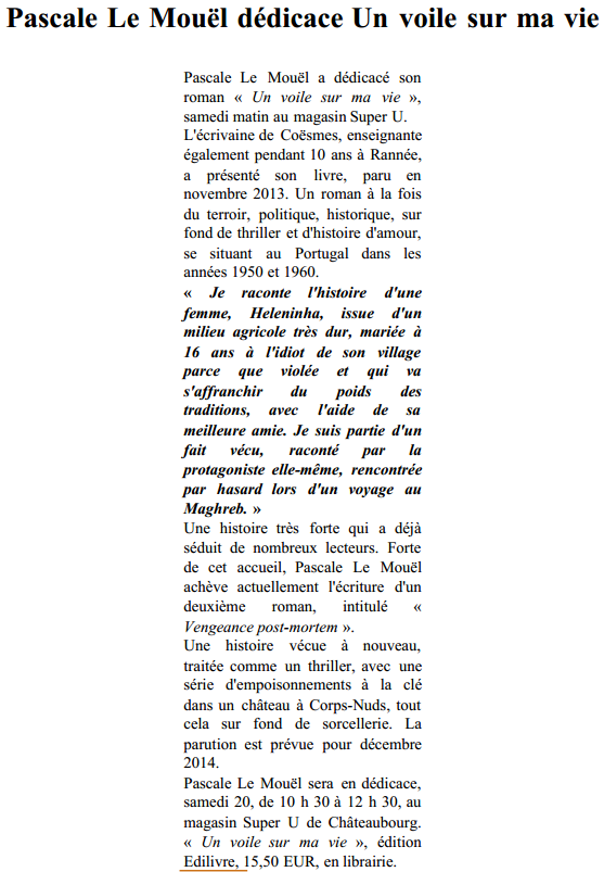 article_Ouest_France_Pascale_Le_Mouël_2014_Edilivre