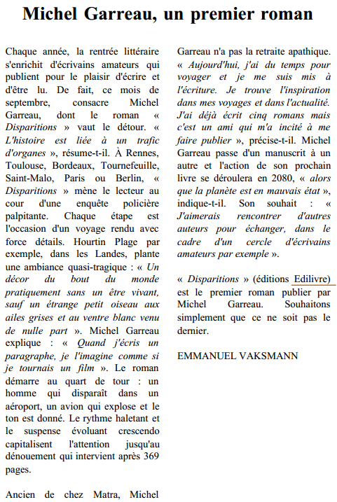 article_La_Dépêche_du_Midi_Michel_Garreau_2014_Edilivre