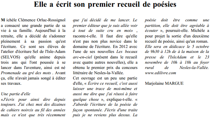 article_La_Gazette_du_Val_d_Oise_Michèle_Clémence_Orluc_Rossignol_2014_Edilivre