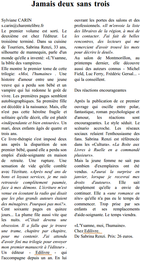 article_Charente_Libre_Sabrina_Renzi_2014_Edilivre
