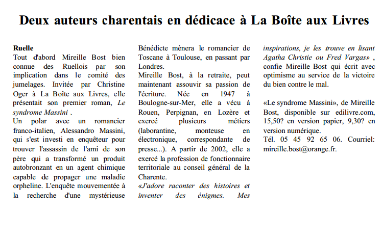 article_Charente_Libre_Mireille_Bost_2014_Edilivre
