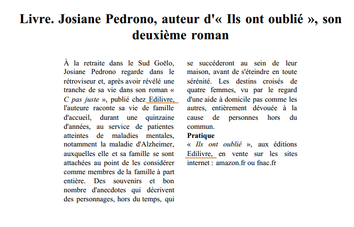 article_Le_Télégramme_Josiane_Pedrono_2015_Edilivre
