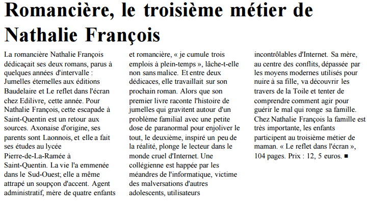 article_L_Aisne_Nouvelle_Nathalie_François_2015_Edilivre