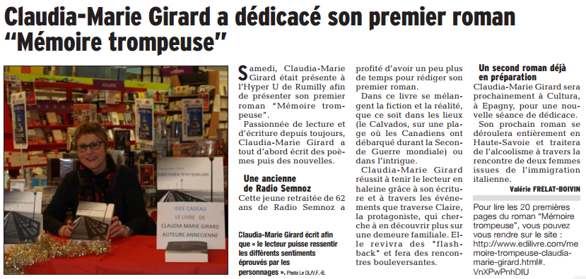 article_Le_Dauphiné_Libéré_Claudia_Marie_Girard_2015_Edilivre