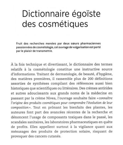 article_Industries cosmétiques_Céline Couteau et Laurence Coiffard_Dictionnaire égoïste des cosmétique_2016_Edilivre
