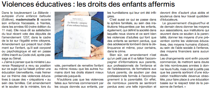 article_Ouest France_Mademoiselle B._La Bâtarde  autopsie d'une enfance bafouée_2016_Edilivre