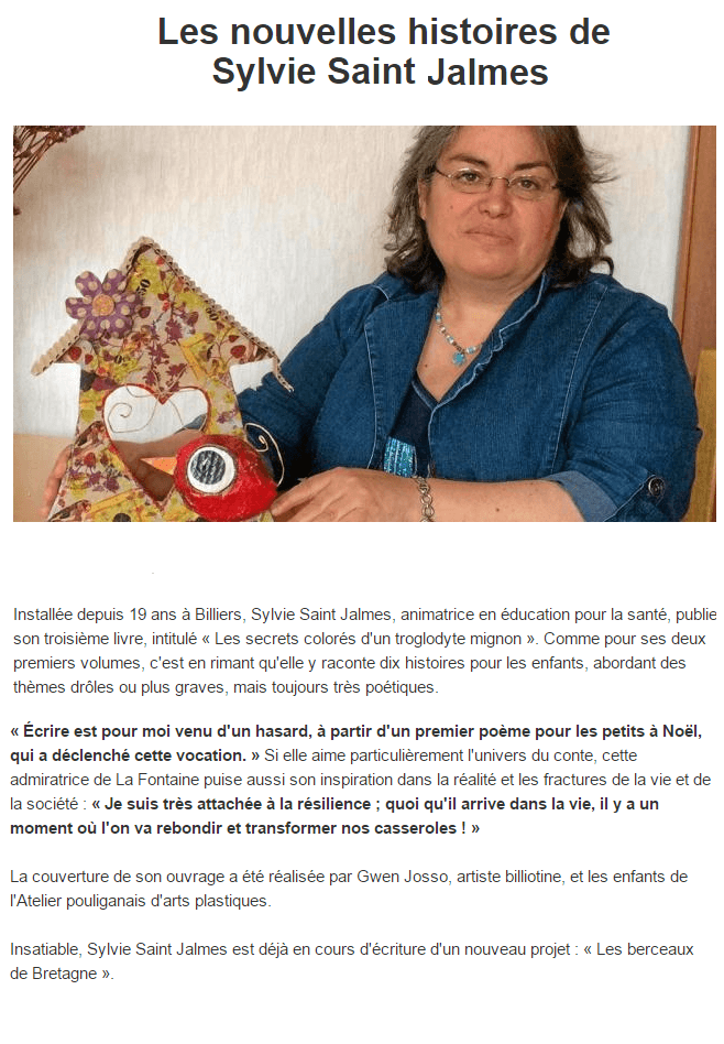 article_Ouest France_Sylvie Saint-Jalmes_Les Secrets colorés d'un troglodyte mignon_2016_Edilivre