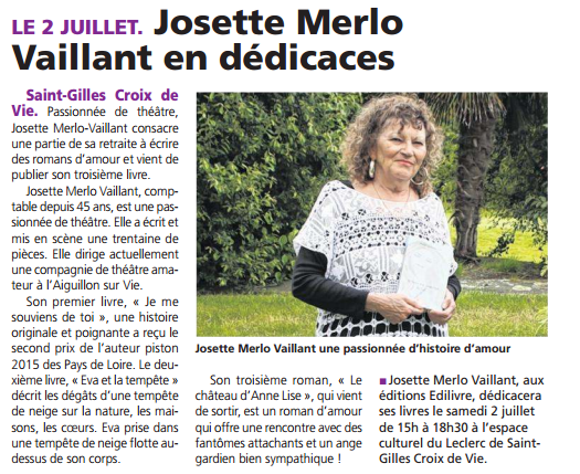 article_LE COURRIER VENDÉEN_Josette Merlo Vaillant_2016_Edilivre
