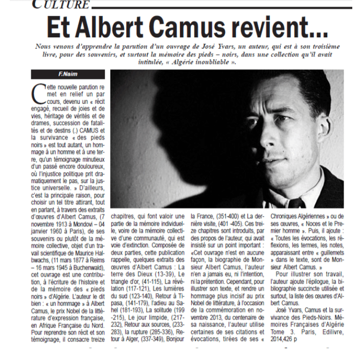 José Yvars dans Ouest Tribune pour son ouvrage « Camus et la survivance des Pieds-Noirs Tome 3 »
