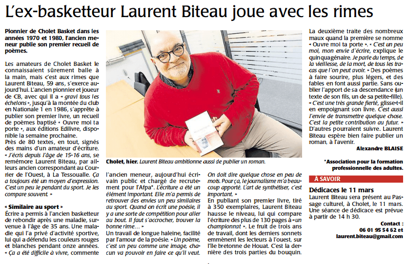 article_Le Courrier de l'Ouest_Laurent Biteau_2017_Edilivre