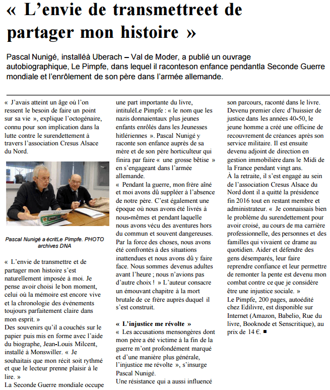 article_Les Dernières Nouvelles D'alsace Toutes Editions_Pascal Nunigé_2017_Edilivre