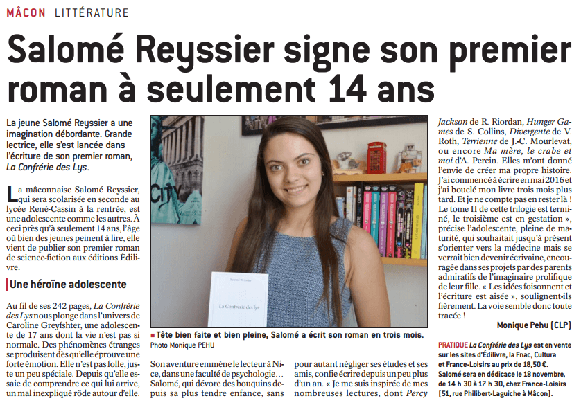 Article_Le Journal De Saône Et Loire Mâcon_Salomé Reyssier_2017_Edilivre