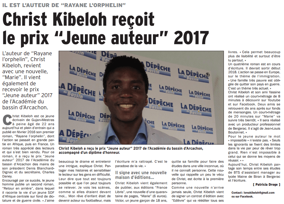 article_La Dépêche du Bassin_Christ Kibeloh_2017_Edilivre