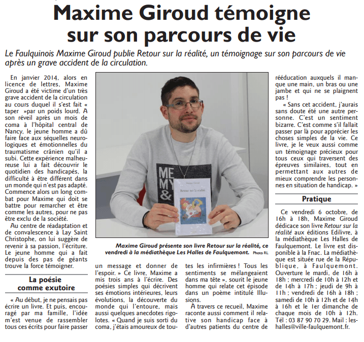 Article_Le Républicain Lorrain Saint-Avold Creutzwald _Maxime Giroud_20147_Edilivre