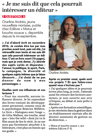 Article_Le Courrier De L'ouest Deux-_Charline Andréo_2017_Edilivre